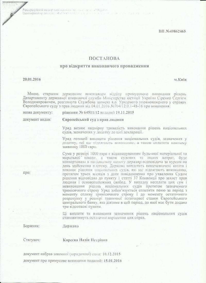 Постанова про відкриття виконавчого впровадження