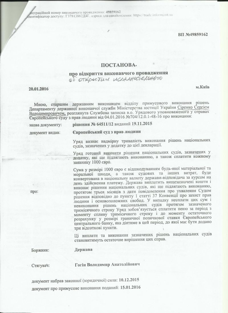 Постанова про відкриття виконавчого впровадження